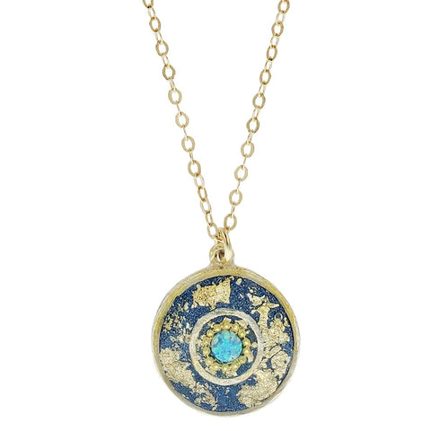 Israeli Aegean Blue Gold Star Dust Pendent Necklace Close Up