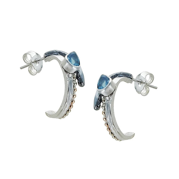 Israeli Dganit Hen Beaded Gold Blue Topaz Hoop Post Earrings