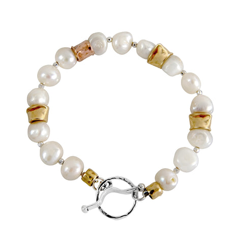 Israeli Ethereal Elegance White Pearl Gold Bead Bracelet