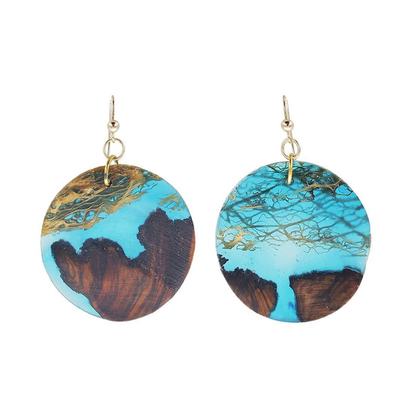 Israeli Ilana Hovev Olive Wood Cactus Wisp Sea Blue Earrings 