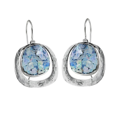 Israeli Roman Glass Framed Iridescence Earrings 