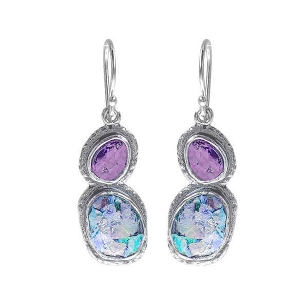 Israeli Whimsical Roman Glass Amethyst Earrings