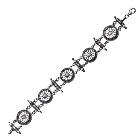 Israeli Yemenite Blue Topaz Flower Wheel Link Bracelet