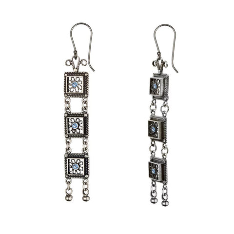 Israeli Yemenite Blue Topaz Linked Flower Drop Earrings