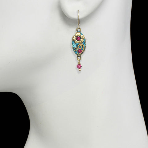 Michal Golan Teal Pink Flower Drop Earrings On