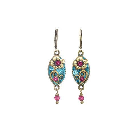 Michal Golan Teal Pink Flower Drop Earrings