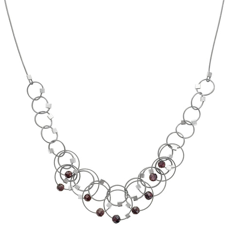 Minimalist Interlocking Silver Red Garnet Circles Necklace