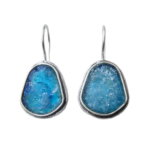 Israeli Blue Roman Glass Pear Earrings