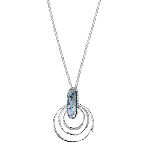 Israeli Oval Roman Glass Silver Hoops Necklace