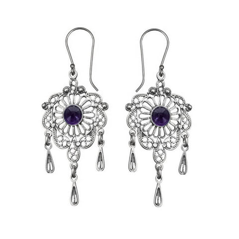 Israeli Yemenite Daisy Flower Amethyst Dangle Earrings