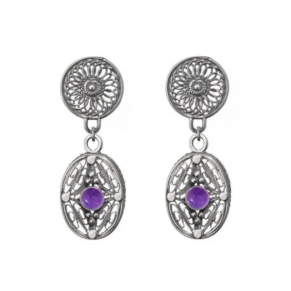 Israeli Yemenite Swirling Amethyst Drop Post Earrings