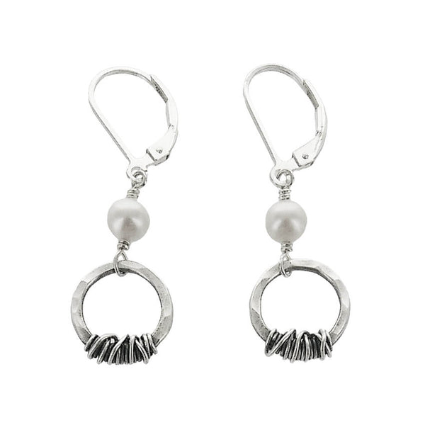 J & I Hammered Hoop Wire Wrap Pearl Earrings