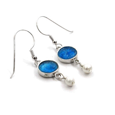 Blue Roman Glass Earrings with Pearl Drop